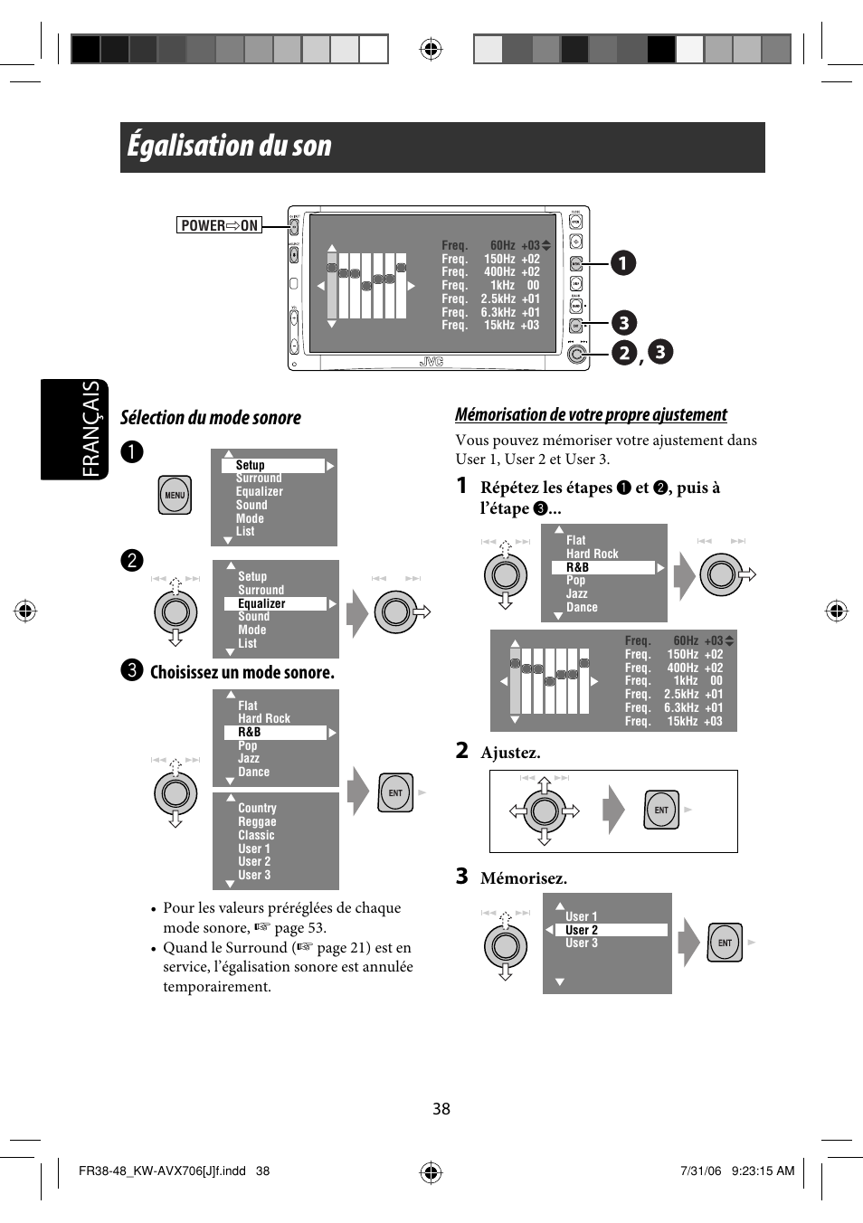 Égalisation du son, Français, Sélection du mode sonore | Choisissez un mode sonore, Mémorisation de votre propre ajustement | JVC KW-AVX706 User Manual | Page 154 / 177