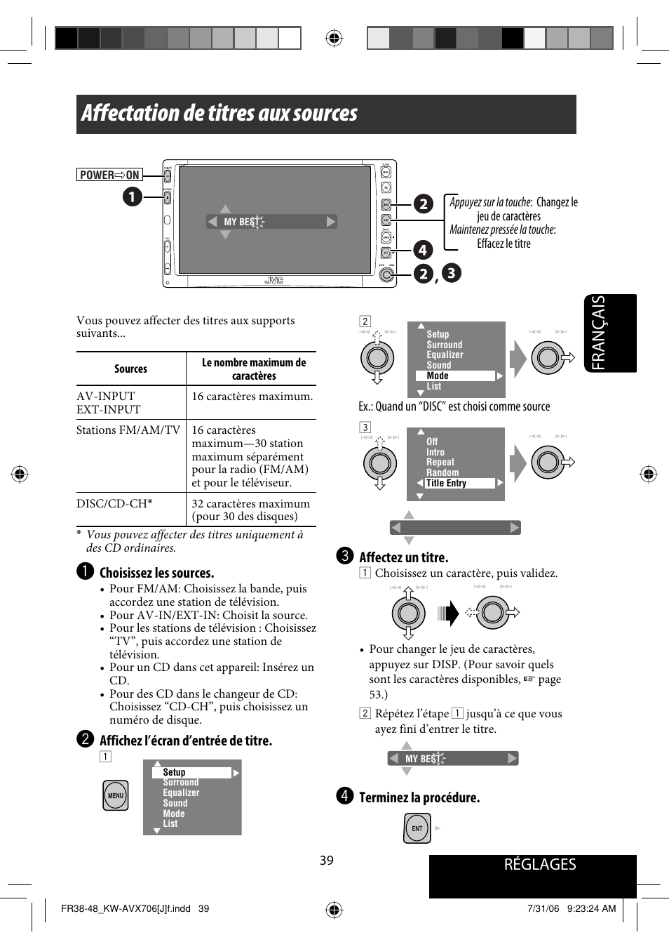 Affectation de titres aux sources, Français, Réglages | JVC KW-AVX706 User Manual | Page 155 / 177