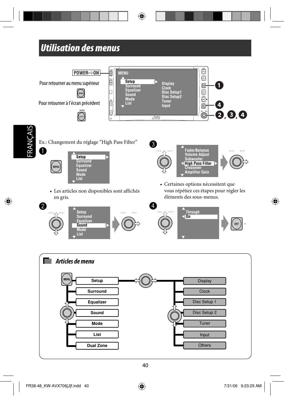 Utilisation des menus, Français, Articles de menu | JVC KW-AVX706 User Manual | Page 156 / 177