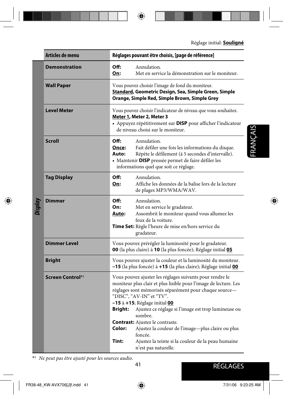 Français, Réglages, Display | JVC KW-AVX706 User Manual | Page 157 / 177