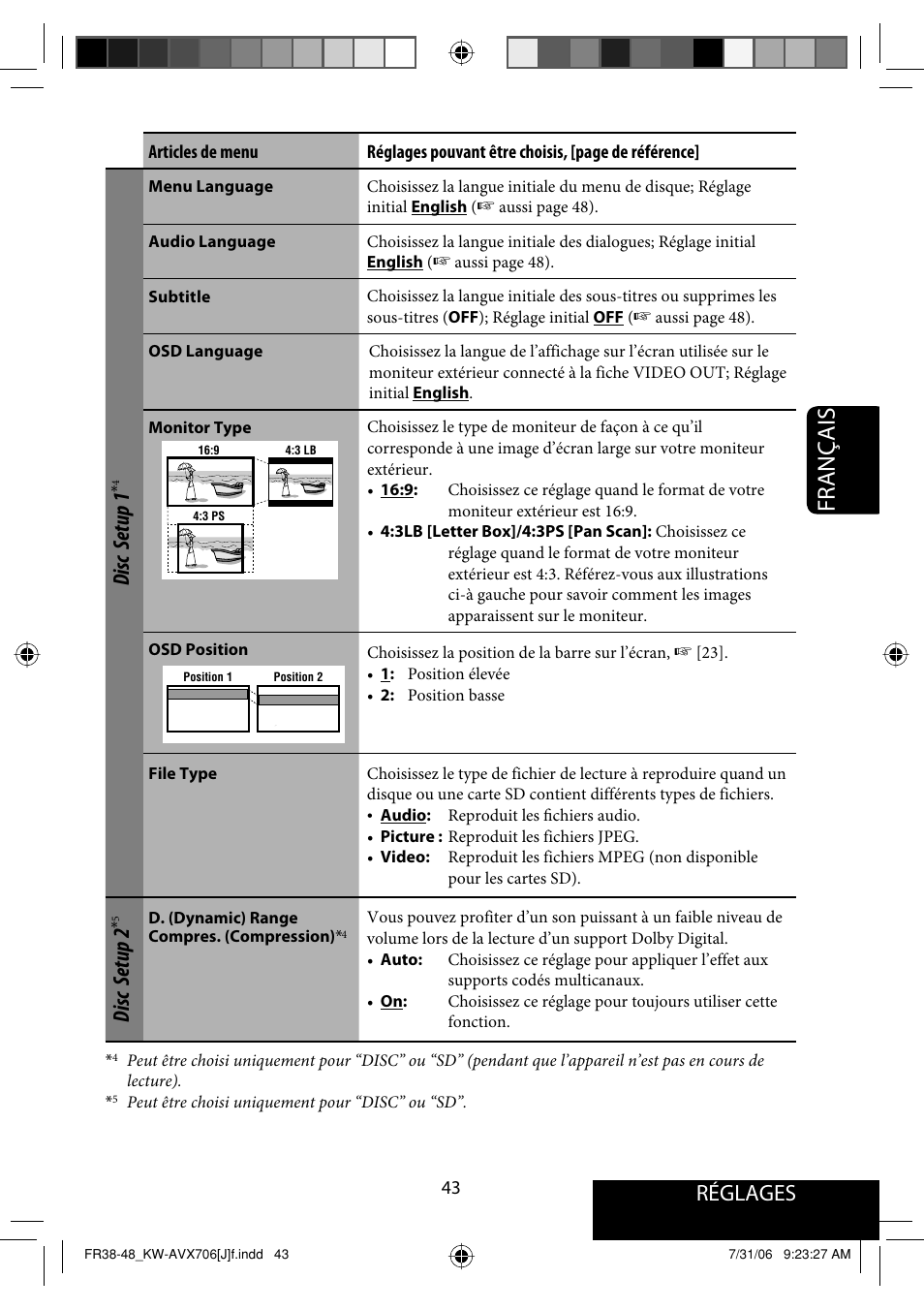 Français, Réglages, Disc setup 1 | Disc setup 2 | JVC KW-AVX706 User Manual | Page 159 / 177