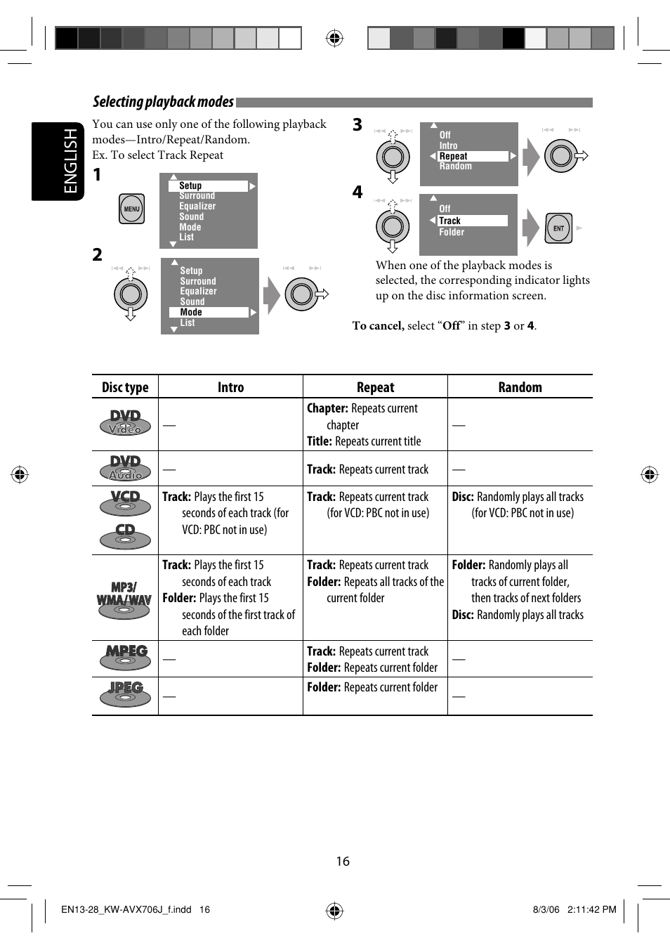 English, Selecting playback modes | JVC KW-AVX706 User Manual | Page 16 / 177