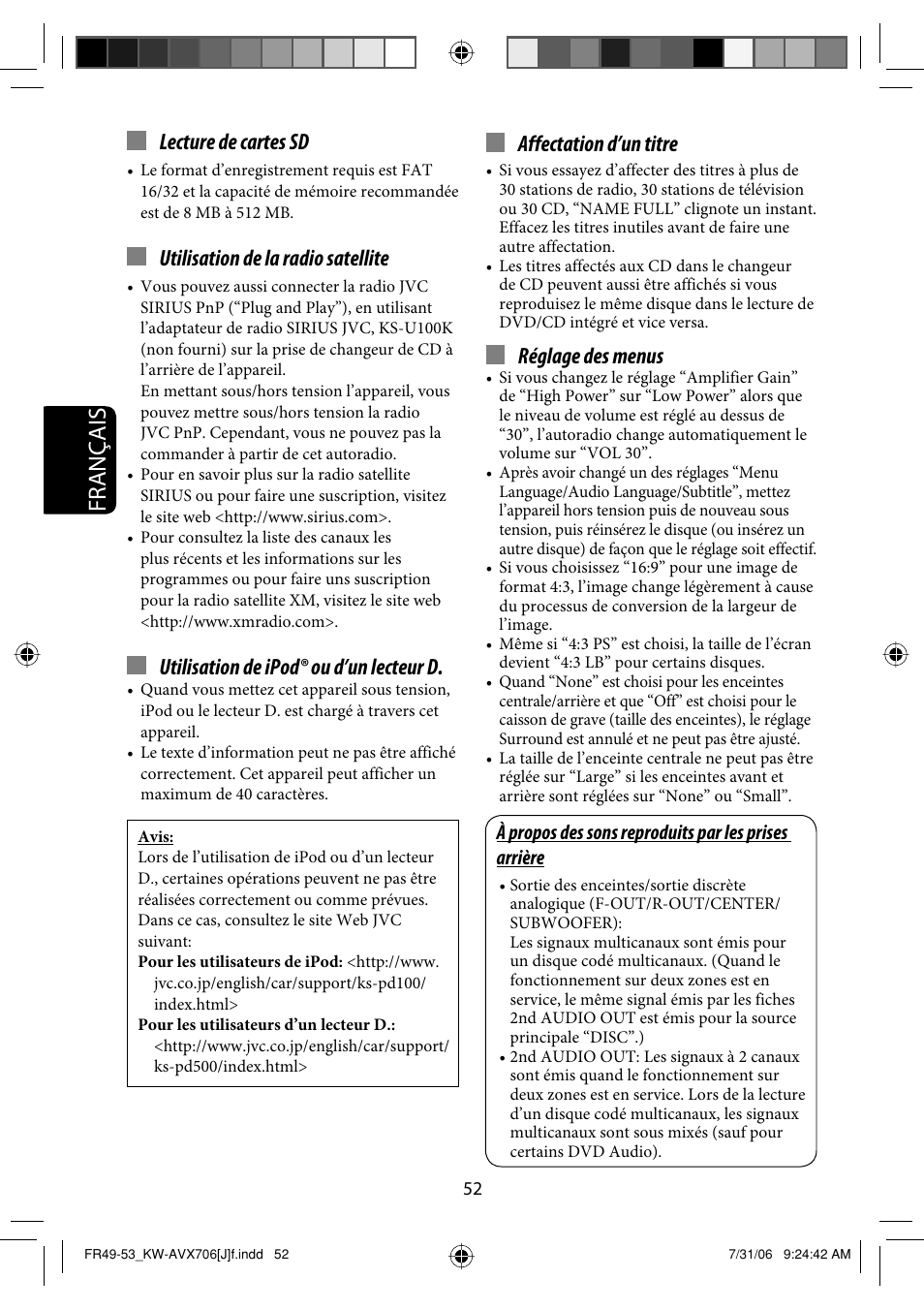 Français, Lecture de cartes sd, Utilisation de la radio satellite | Utilisation de ipod® ou d’un lecteur d, Affectation d’un titre, Réglage des menus | JVC KW-AVX706 User Manual | Page 168 / 177