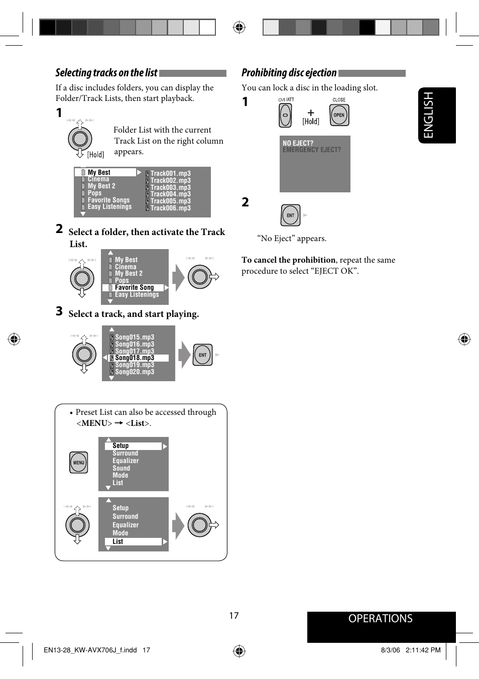 English, Operations, Selecting tracks on the list | Prohibiting disc ejection | JVC KW-AVX706 User Manual | Page 17 / 177
