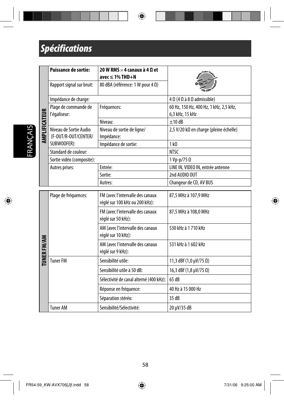 Spécifications, Français | JVC KW-AVX706 User Manual | Page 174 / 177