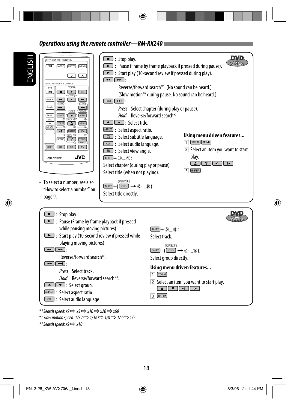 English, Operations using the remote controller—rm-rk240, No sound can be heard.) (slow motion | Select title directly, Select group directly. using menu driven features, Select an item you want to start play | JVC KW-AVX706 User Manual | Page 18 / 177