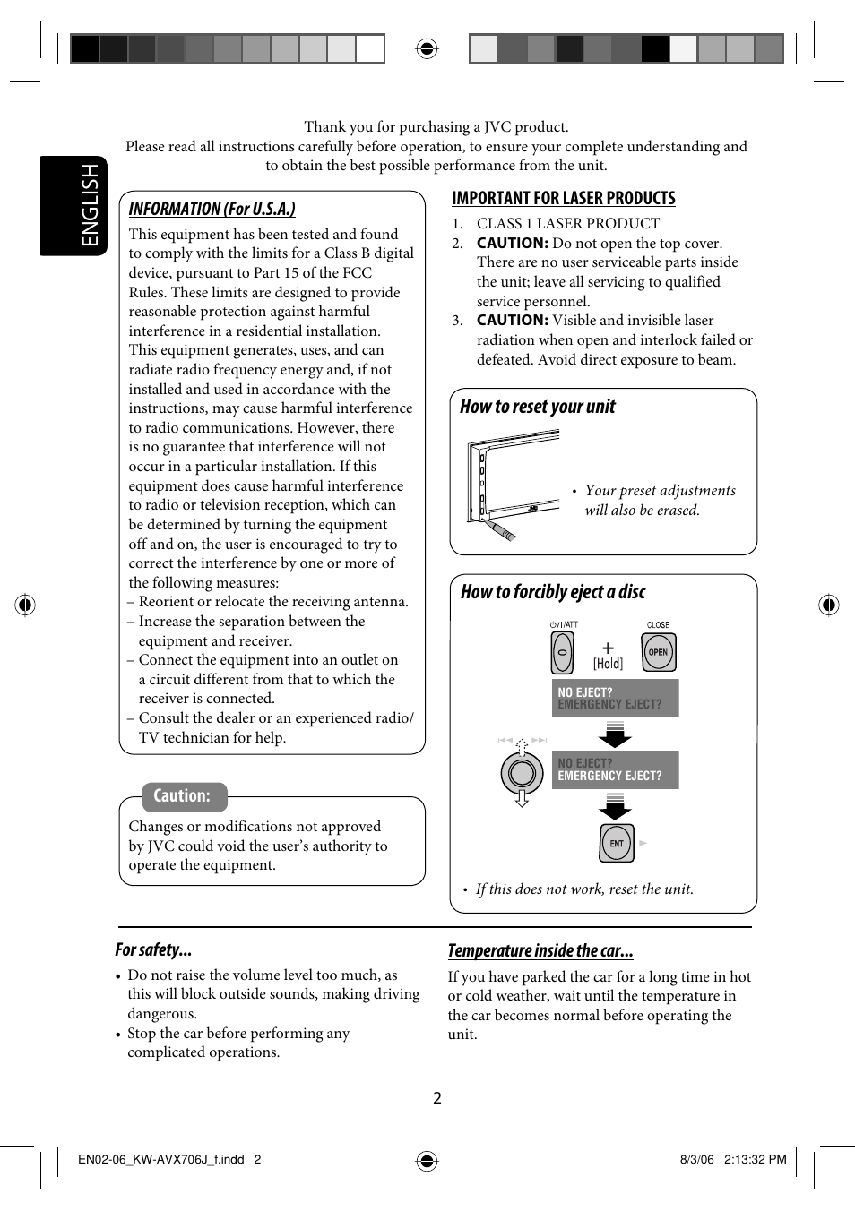 English, How to reset your unit, How to forcibly eject a disc | Information (for u.s.a.), Caution, For safety, Temperature inside the car, Important for laser products | JVC KW-AVX706 User Manual | Page 2 / 177