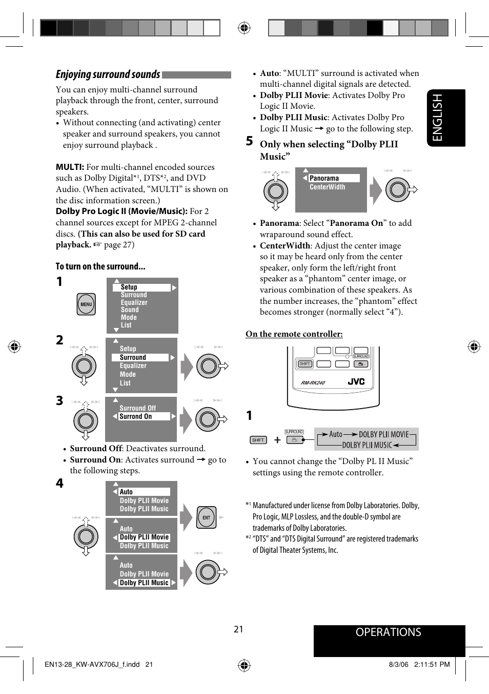 English, Operations, Enjoying surround sounds | JVC KW-AVX706 User Manual | Page 21 / 177