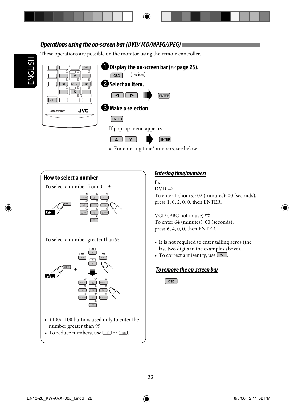 English, Entering time/numbers, Display the on-screen bar | Page 23), Select an item, Make a selection, How to select a number | JVC KW-AVX706 User Manual | Page 22 / 177