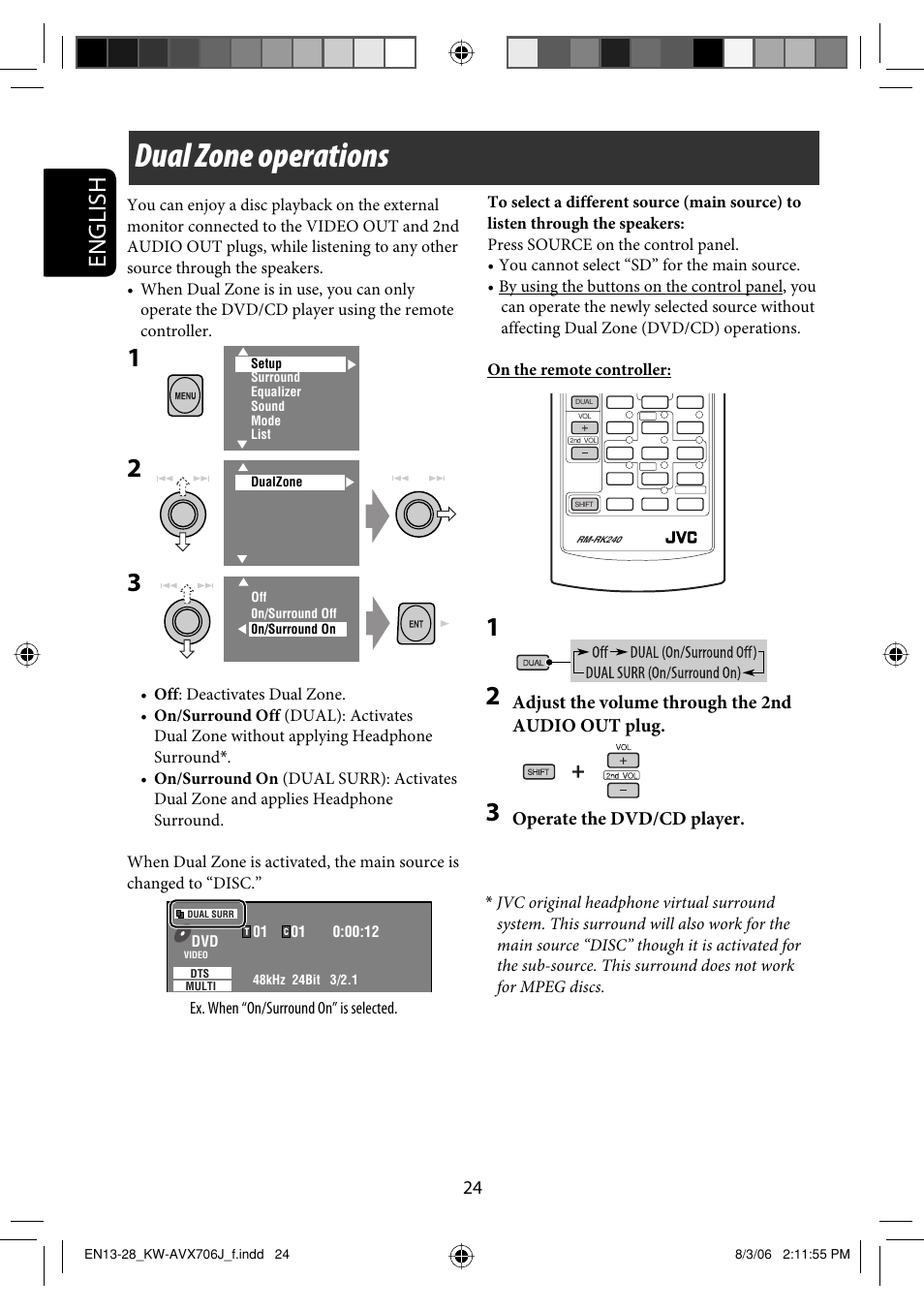 Dual zone operations, English | JVC KW-AVX706 User Manual | Page 24 / 177