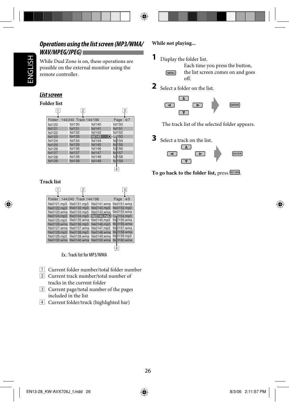 English, List screen | JVC KW-AVX706 User Manual | Page 26 / 177