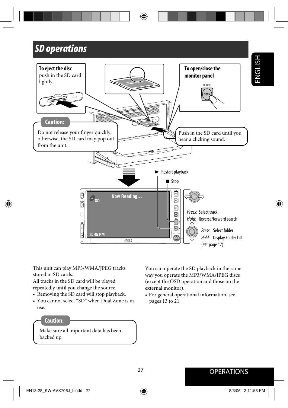 Sd operations, English, Operations | JVC KW-AVX706 User Manual | Page 27 / 177