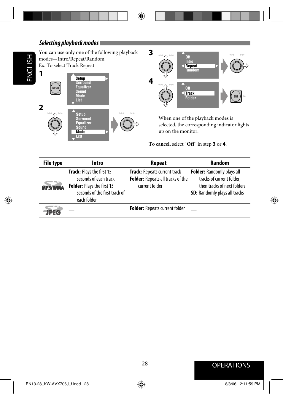 English, Selecting playback modes, Operations | JVC KW-AVX706 User Manual | Page 28 / 177