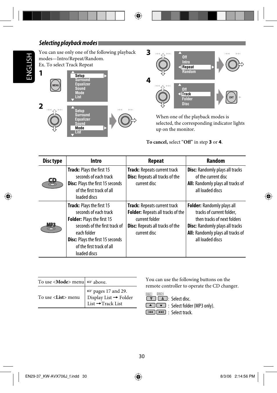 English, Selecting playback modes | JVC KW-AVX706 User Manual | Page 30 / 177