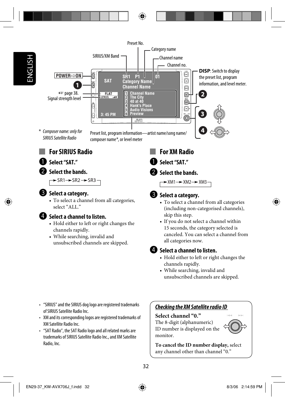 English, For sirius radio, For xm radio | JVC KW-AVX706 User Manual | Page 32 / 177