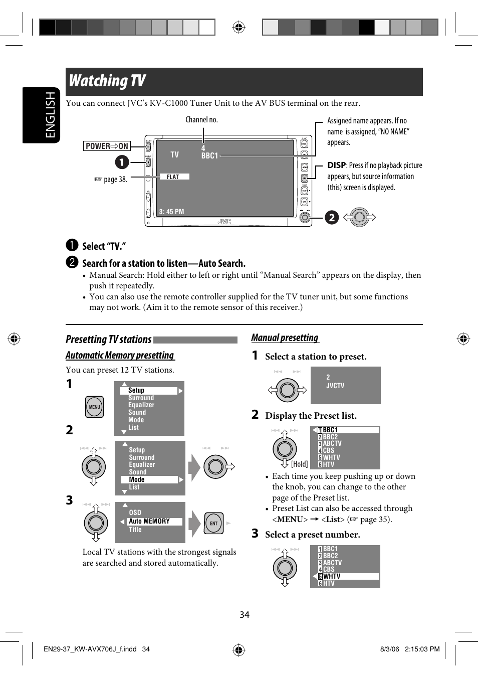 Watching tv, English, Presetting tv stations | JVC KW-AVX706 User Manual | Page 34 / 177