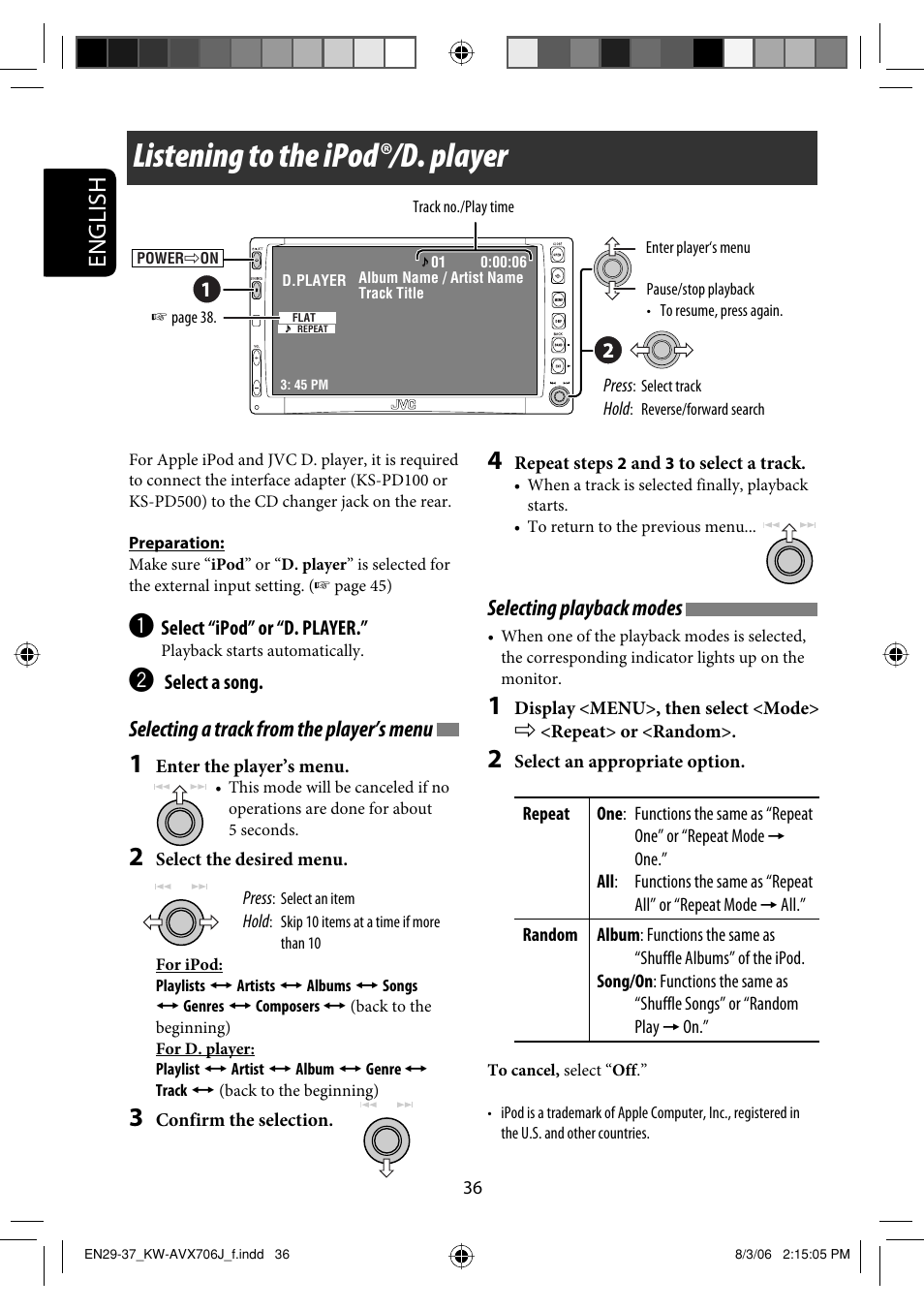 Listening to the ipod®/d. player, English, Selecting a track from the player’s menu | Selecting playback modes | JVC KW-AVX706 User Manual | Page 36 / 177