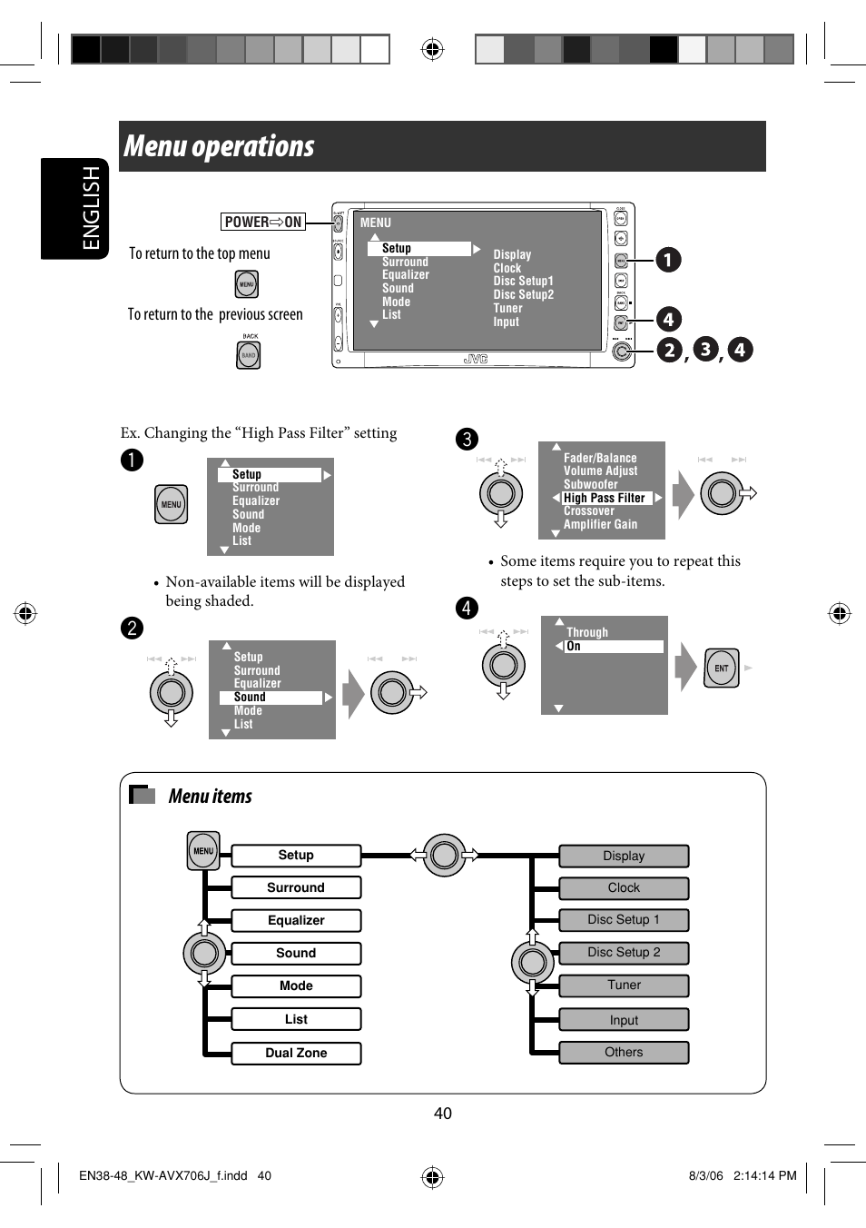 Menu operations, English, Menu items | JVC KW-AVX706 User Manual | Page 40 / 177