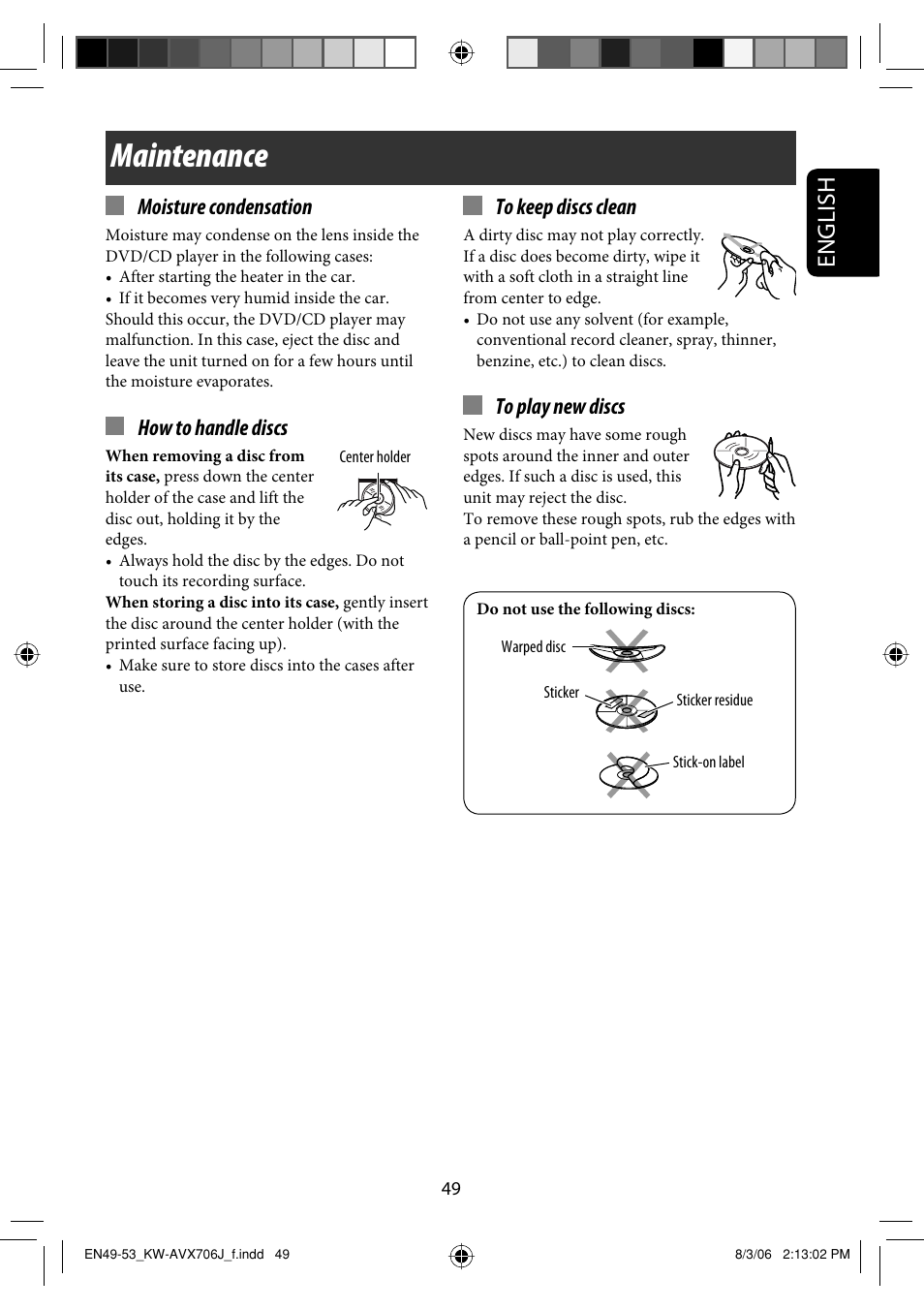 Maintenance, English, Moisture condensation | How to handle discs | JVC KW-AVX706 User Manual | Page 49 / 177