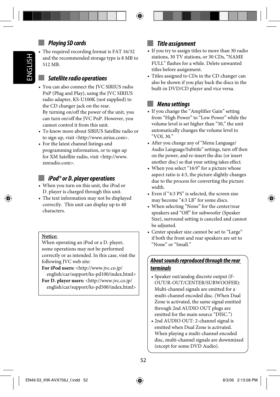 English, Playing sd cards, Satellite radio operations | Ipod® or d. player operations, Title assignment, Menu settings | JVC KW-AVX706 User Manual | Page 52 / 177