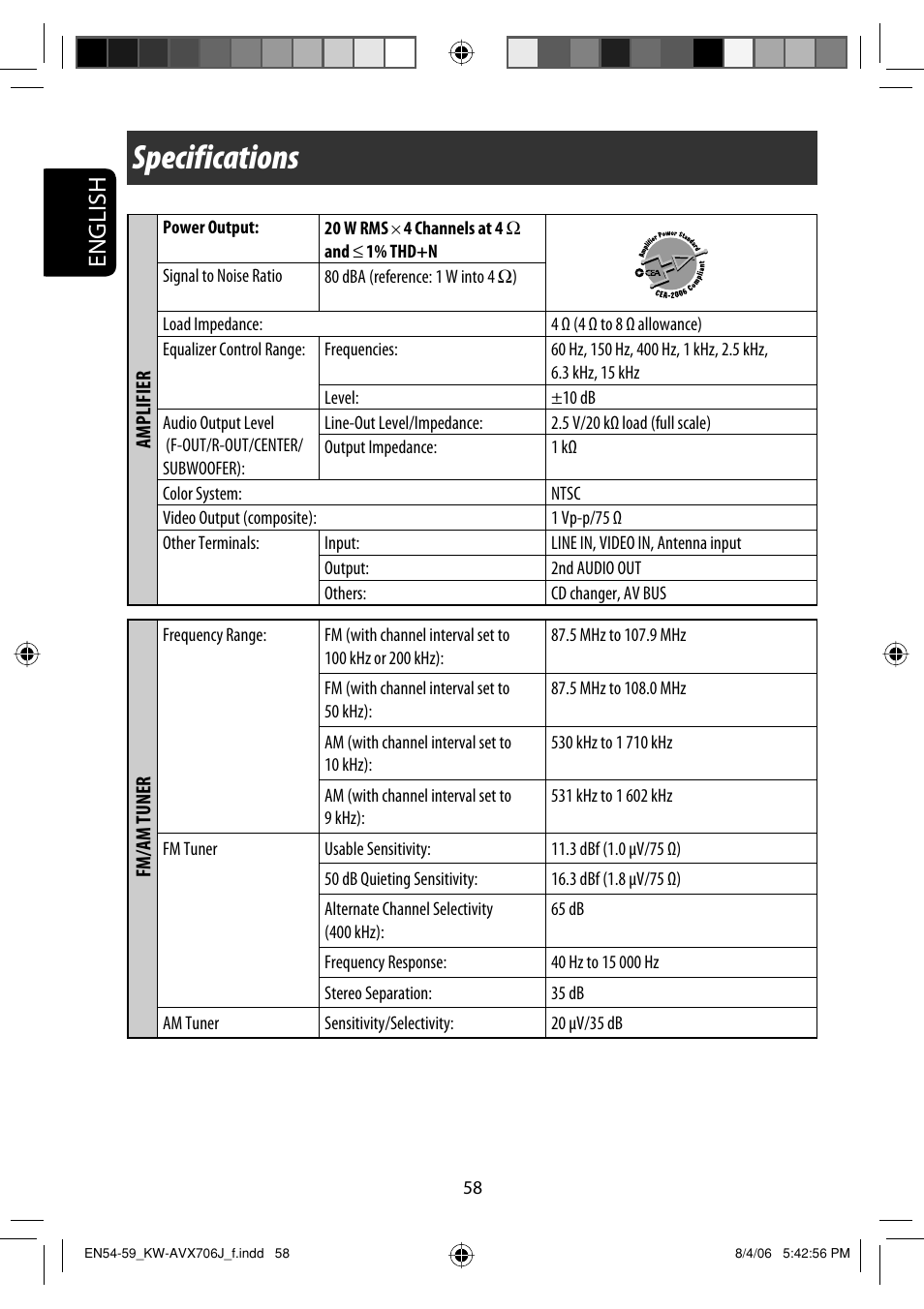 Specifications, English | JVC KW-AVX706 User Manual | Page 58 / 177