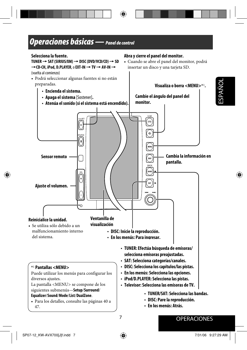 Operaciones básicas, Español, Operaciones | JVC KW-AVX706 User Manual | Page 65 / 177