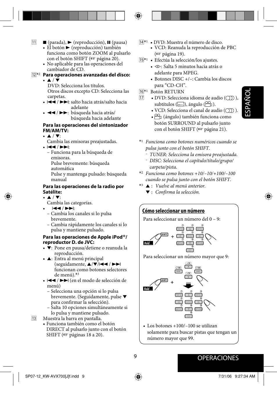 Español, Operaciones, Cómo seleccionar un número | JVC KW-AVX706 User Manual | Page 67 / 177