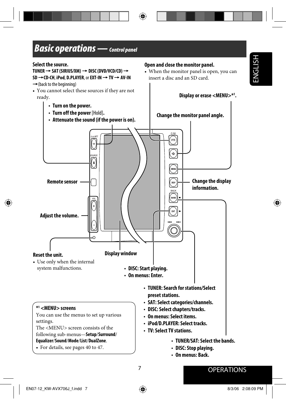 Operations, Basic operations, Control panel | English | JVC KW-AVX706 User Manual | Page 7 / 177