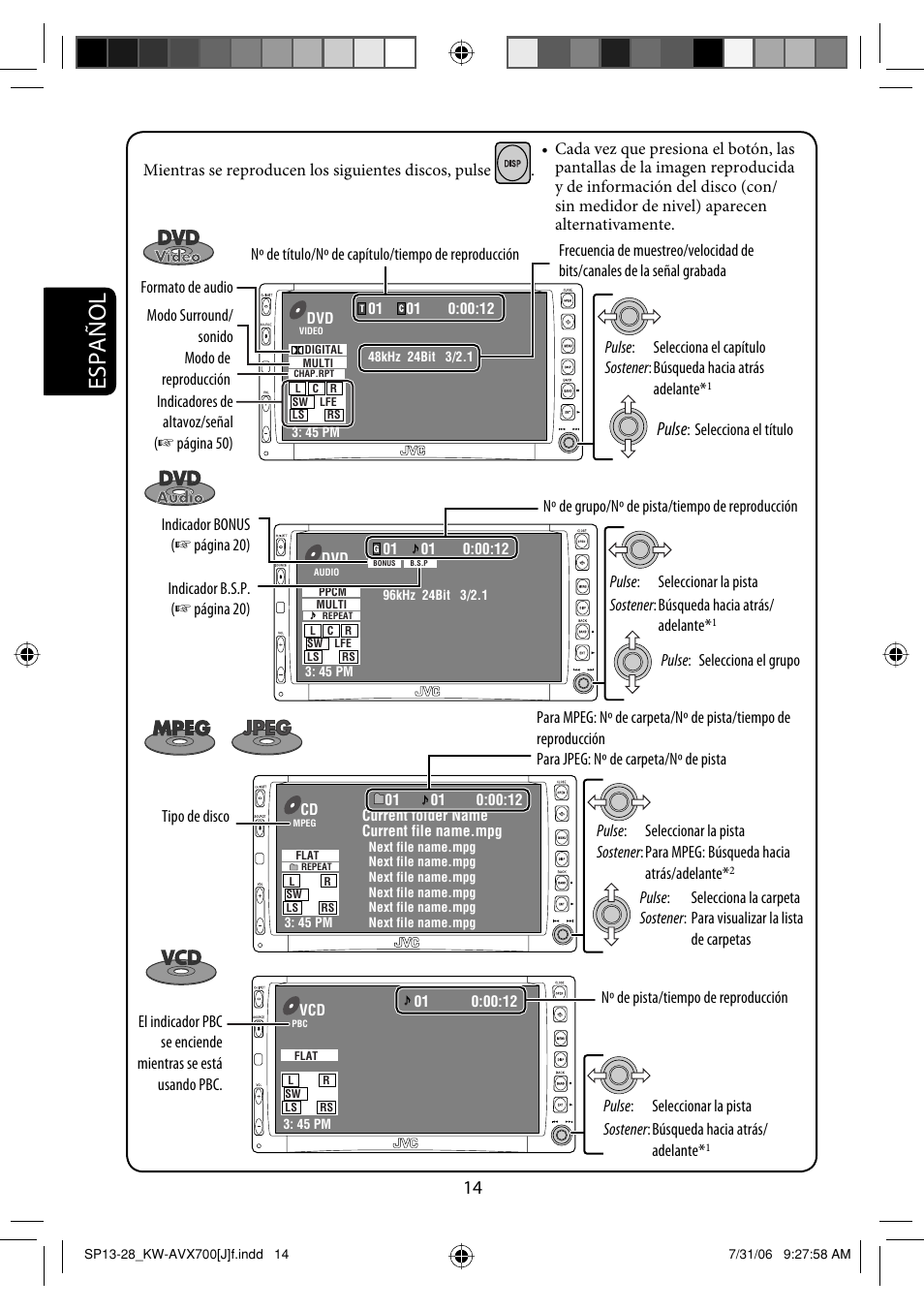 Español, Pulse | JVC KW-AVX706 User Manual | Page 72 / 177