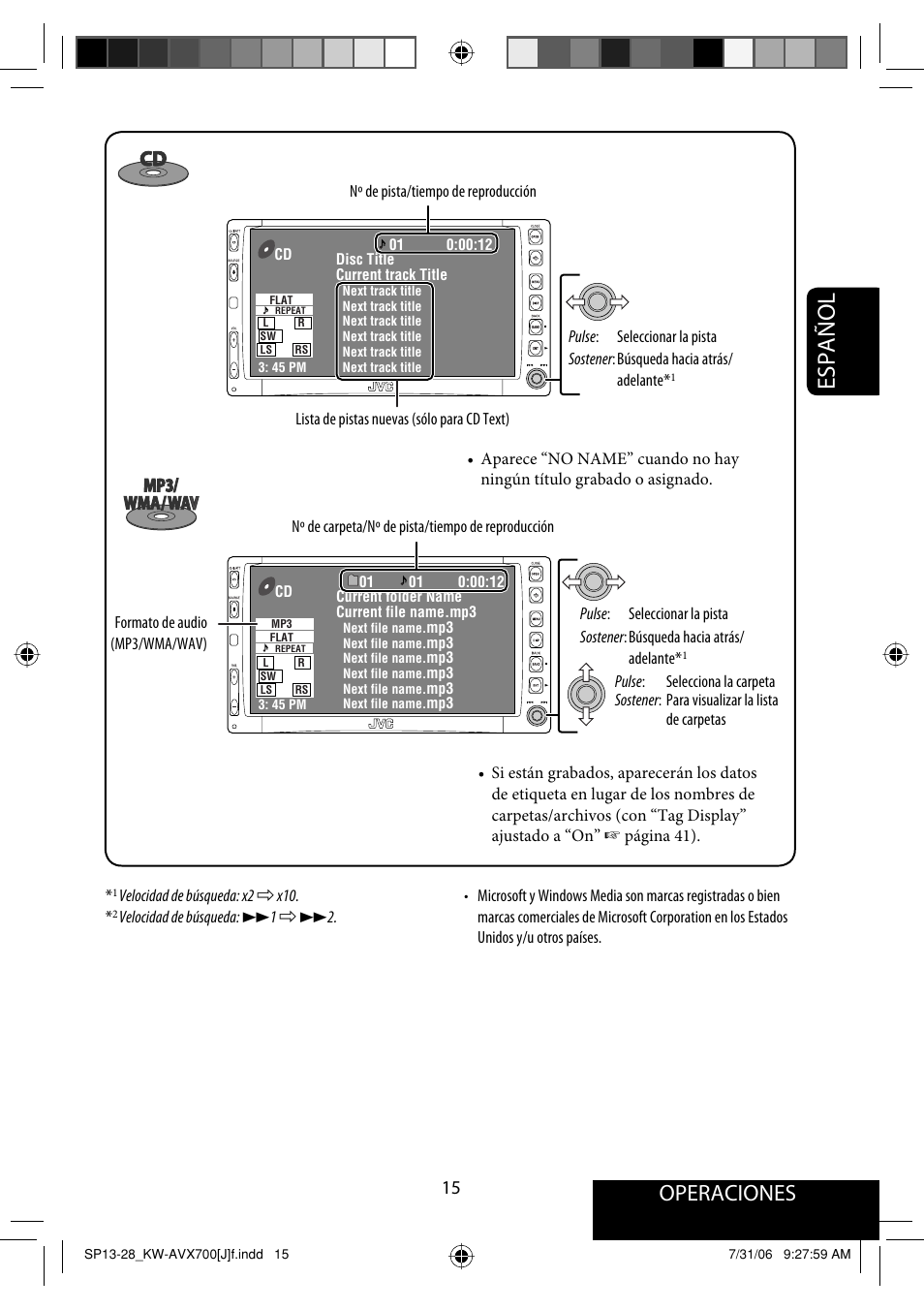 Español, Operaciones | JVC KW-AVX706 User Manual | Page 73 / 177