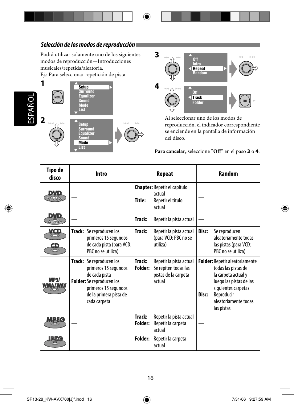 Español, Selección de los modos de reproducción | JVC KW-AVX706 User Manual | Page 74 / 177