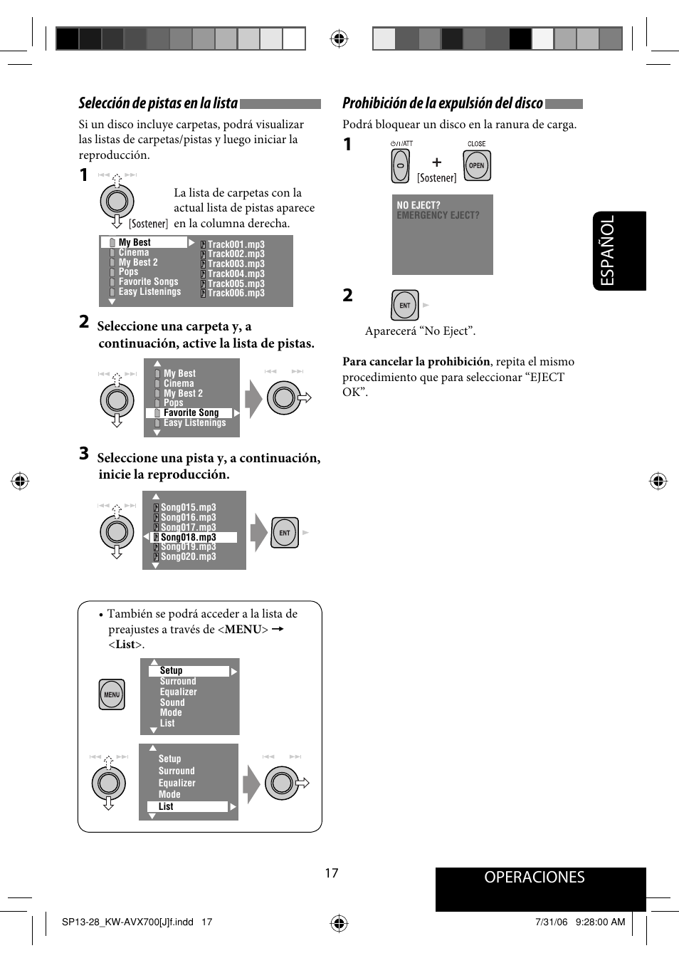 Español, Operaciones, Selección de pistas en la lista | Prohibición de la expulsión del disco | JVC KW-AVX706 User Manual | Page 75 / 177