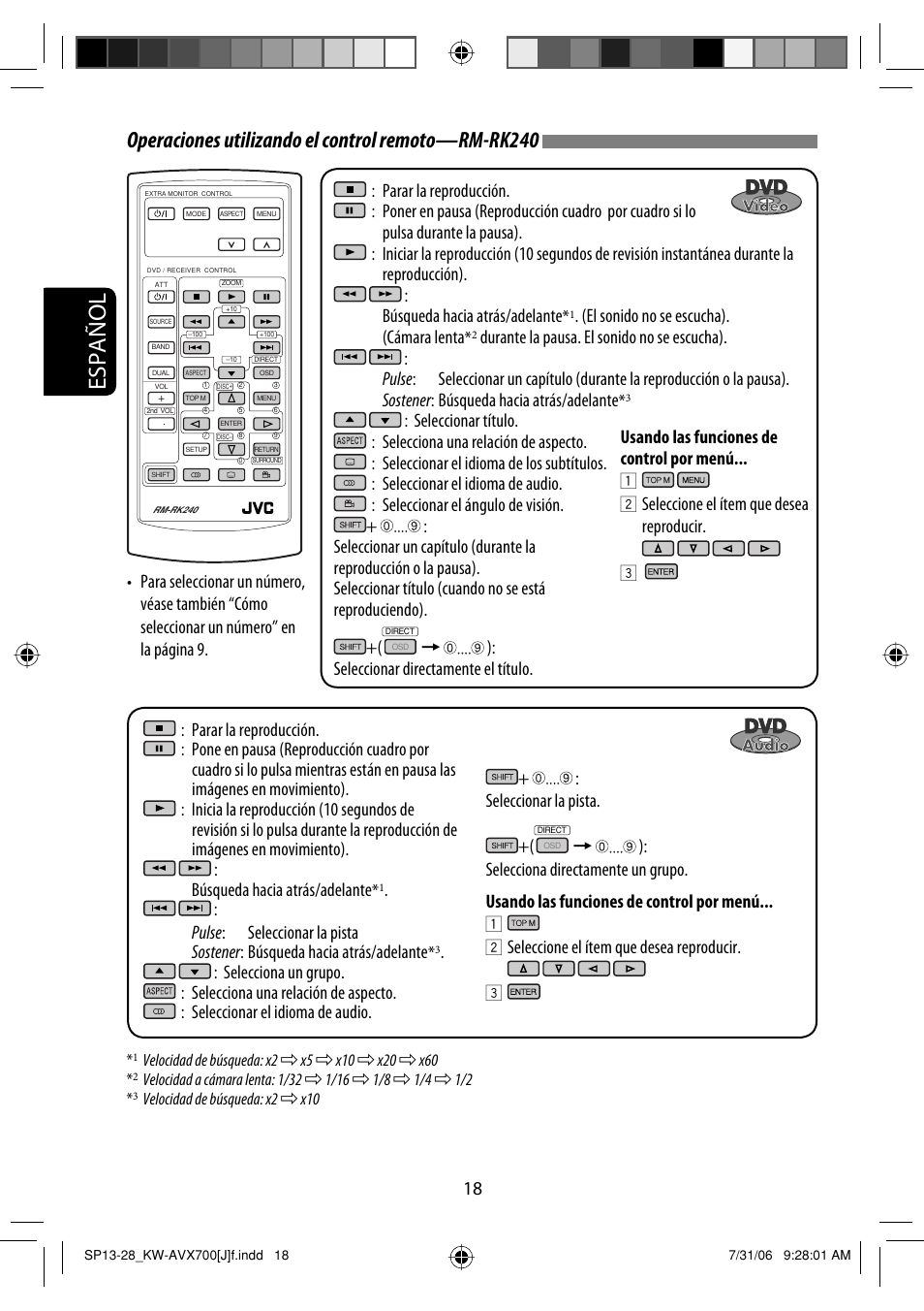 Español, Operaciones utilizando el control remoto—rm-rk240, El sonido no se escucha). (cámara lenta | Seleccionar directamente el título, Seleccione el ítem que desea reproducir | JVC KW-AVX706 User Manual | Page 76 / 177