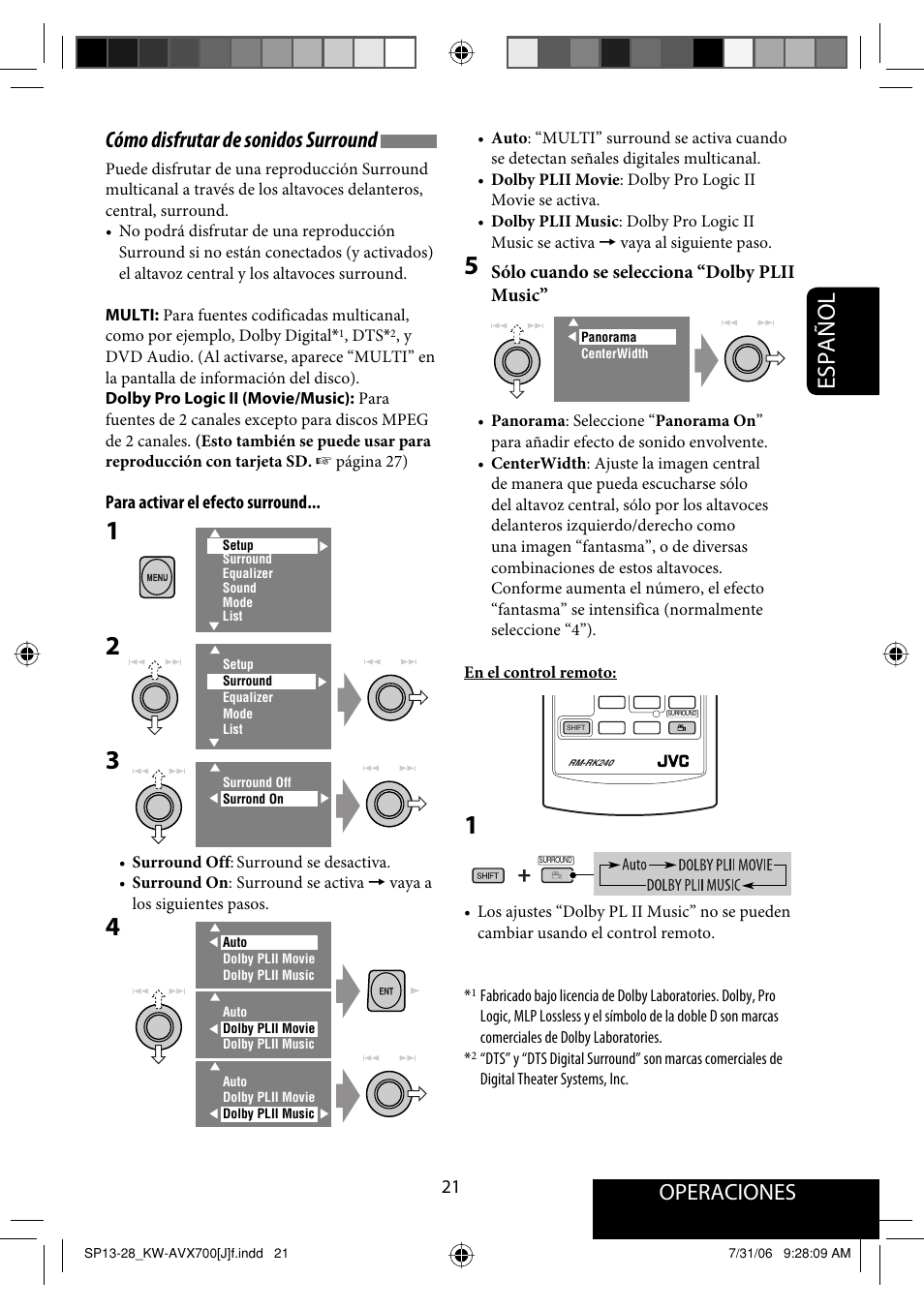 Español, Operaciones, Cómo disfrutar de sonidos surround | JVC KW-AVX706 User Manual | Page 79 / 177