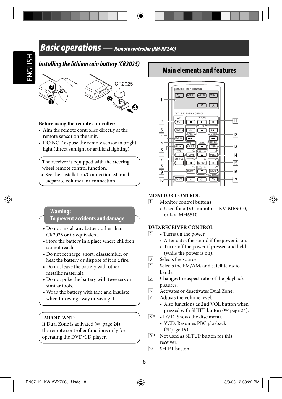 Remote controller (rm-rk240), Basic operations, English | Main elements and features, Installing the lithium coin battery (cr2025), Warning: to prevent accidents and damage | JVC KW-AVX706 User Manual | Page 8 / 177