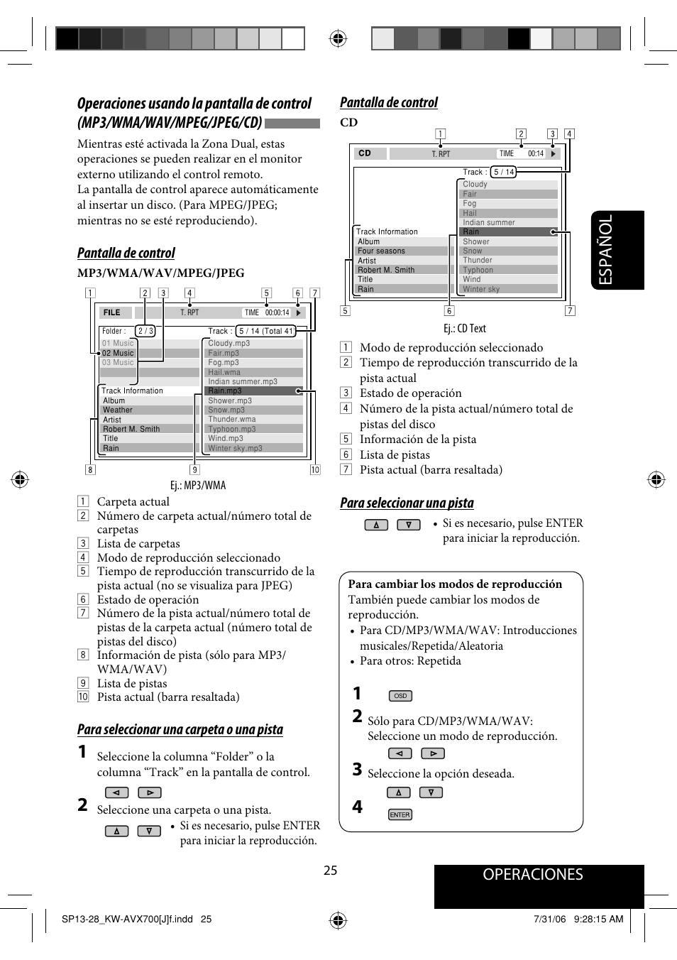 Español, Operaciones, Pantalla de control | Para seleccionar una carpeta o una pista, Para seleccionar una pista | JVC KW-AVX706 User Manual | Page 83 / 177