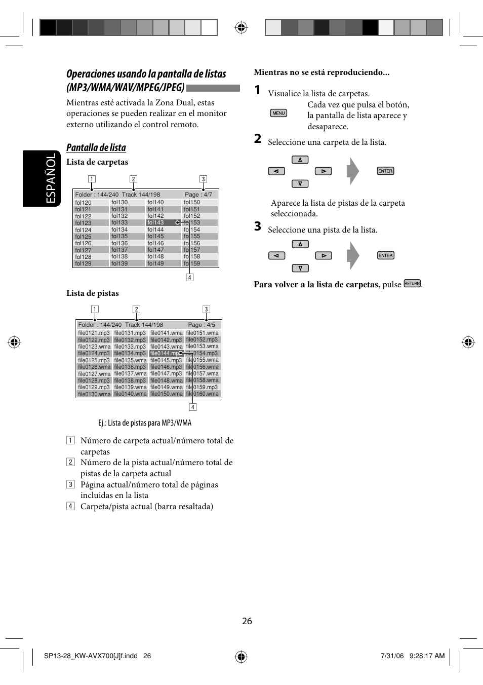 Español, Pantalla de lista | JVC KW-AVX706 User Manual | Page 84 / 177