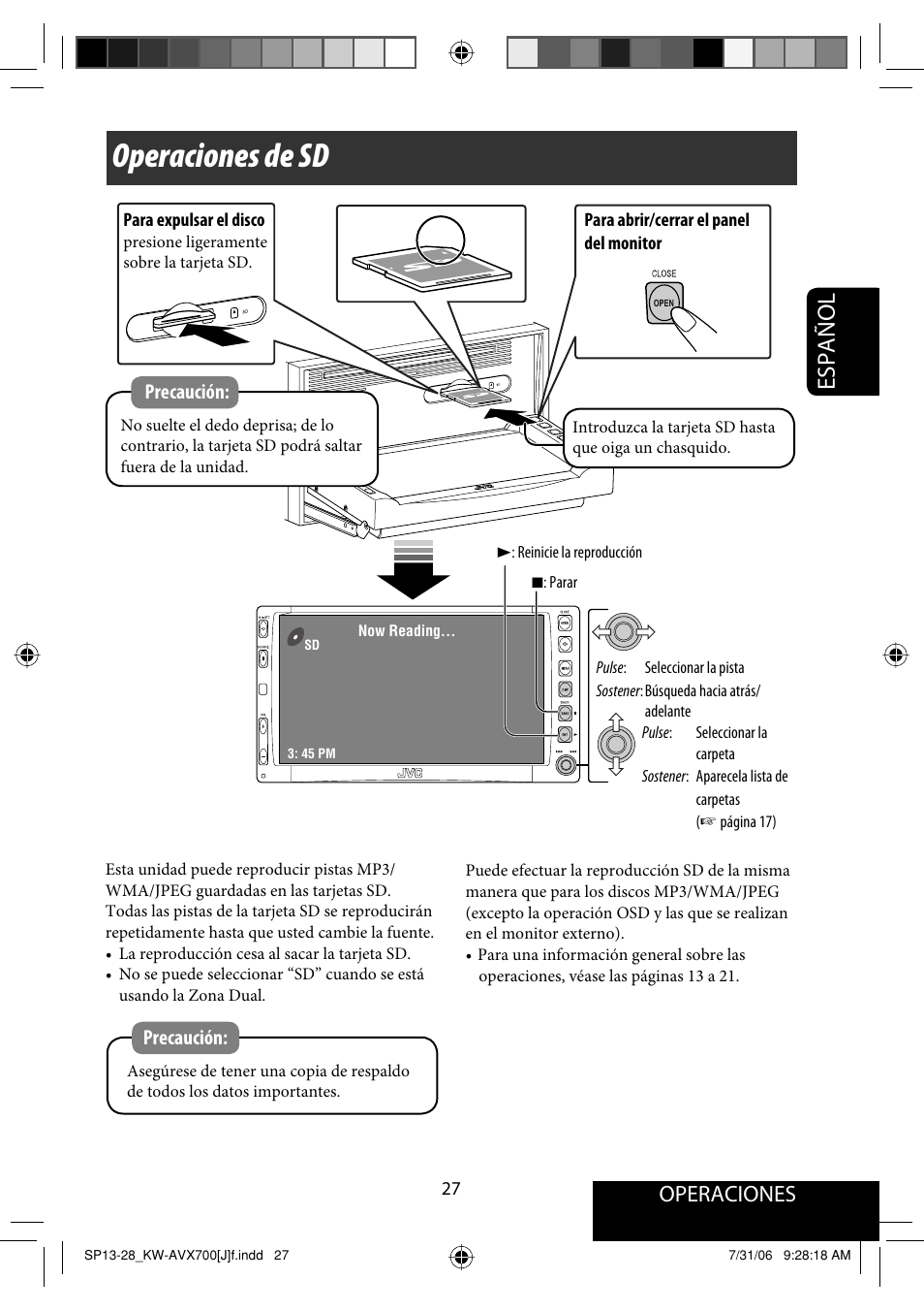 Operaciones de sd, Español, Operaciones | JVC KW-AVX706 User Manual | Page 85 / 177