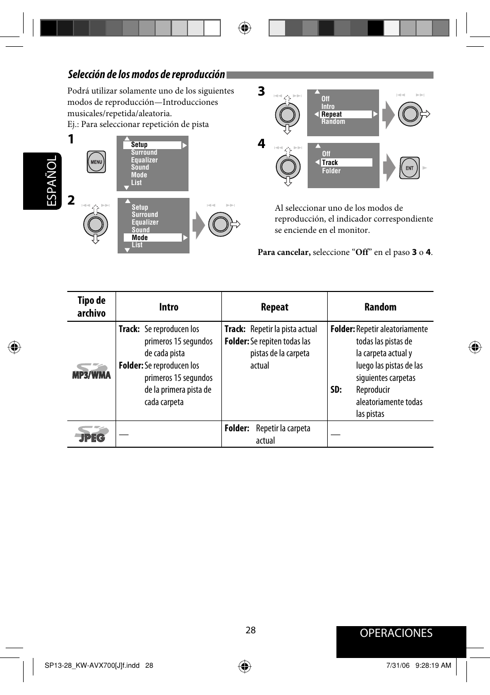 Español, Selección de los modos de reproducción, Operaciones | JVC KW-AVX706 User Manual | Page 86 / 177