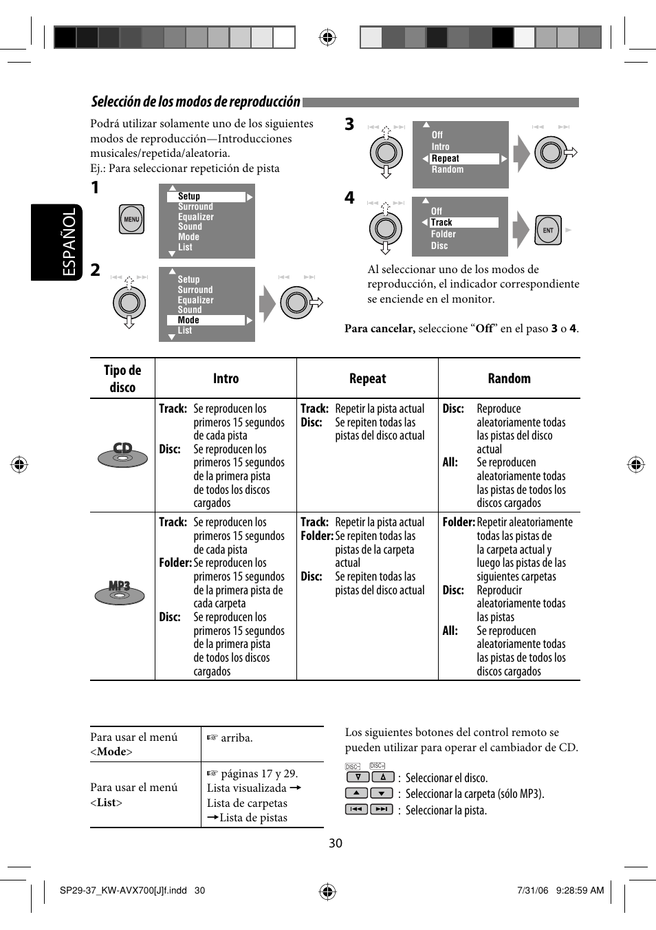 Español, Selección de los modos de reproducción | JVC KW-AVX706 User Manual | Page 88 / 177