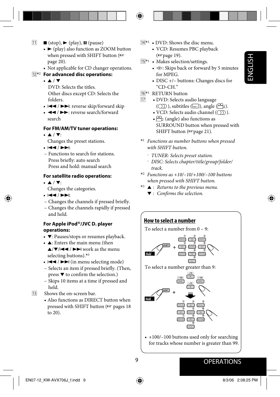 English, Operations, How to select a number | JVC KW-AVX706 User Manual | Page 9 / 177
