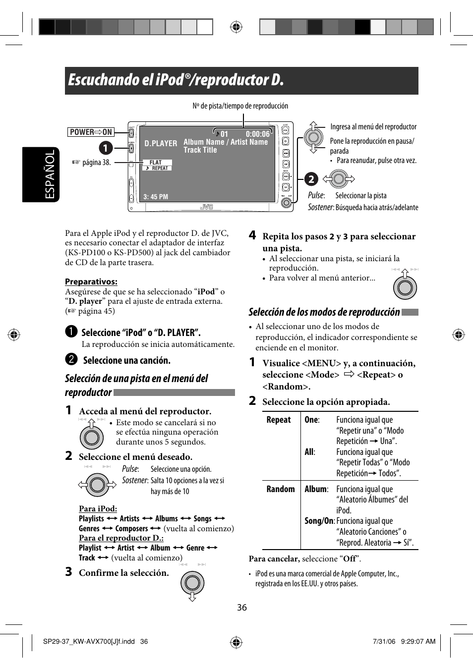 Escuchando el ipod®/reproductor d, Español, Selección de una pista en el menú del reproductor | Selección de los modos de reproducción | JVC KW-AVX706 User Manual | Page 94 / 177