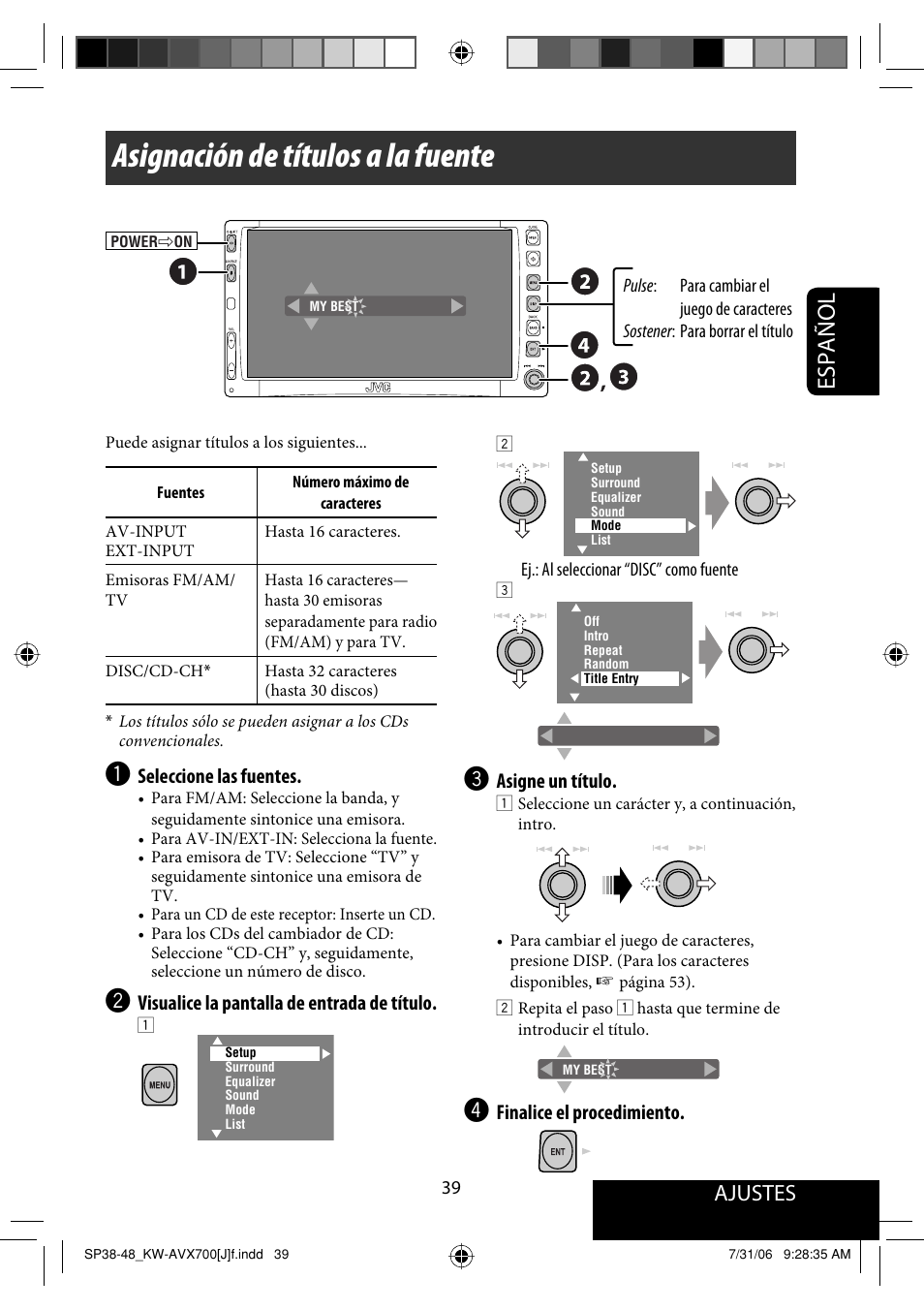 Asignación de títulos a la fuente, Español, Ajustes | JVC KW-AVX706 User Manual | Page 97 / 177