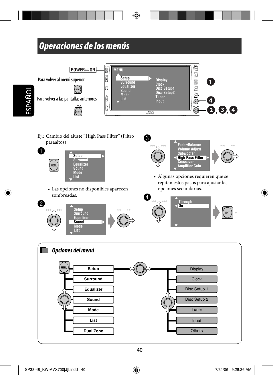 Operaciones de los menús, Español, Opciones del menú | JVC KW-AVX706 User Manual | Page 98 / 177