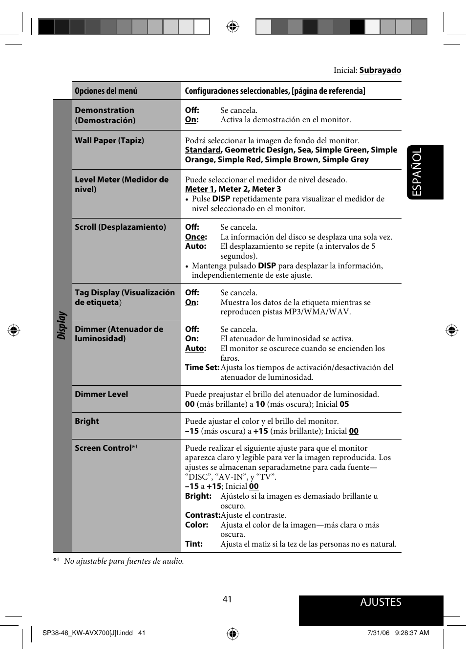 Español, Ajustes, Display | JVC KW-AVX706 User Manual | Page 99 / 177