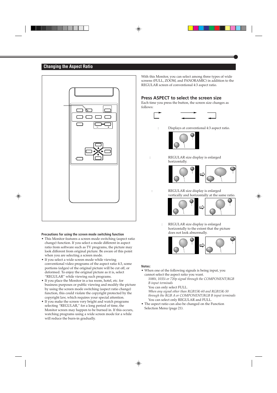 Changing the aspect ratio, Press aspect to select the screen size | JVC GM P420UG User Manual | Page 17 / 40