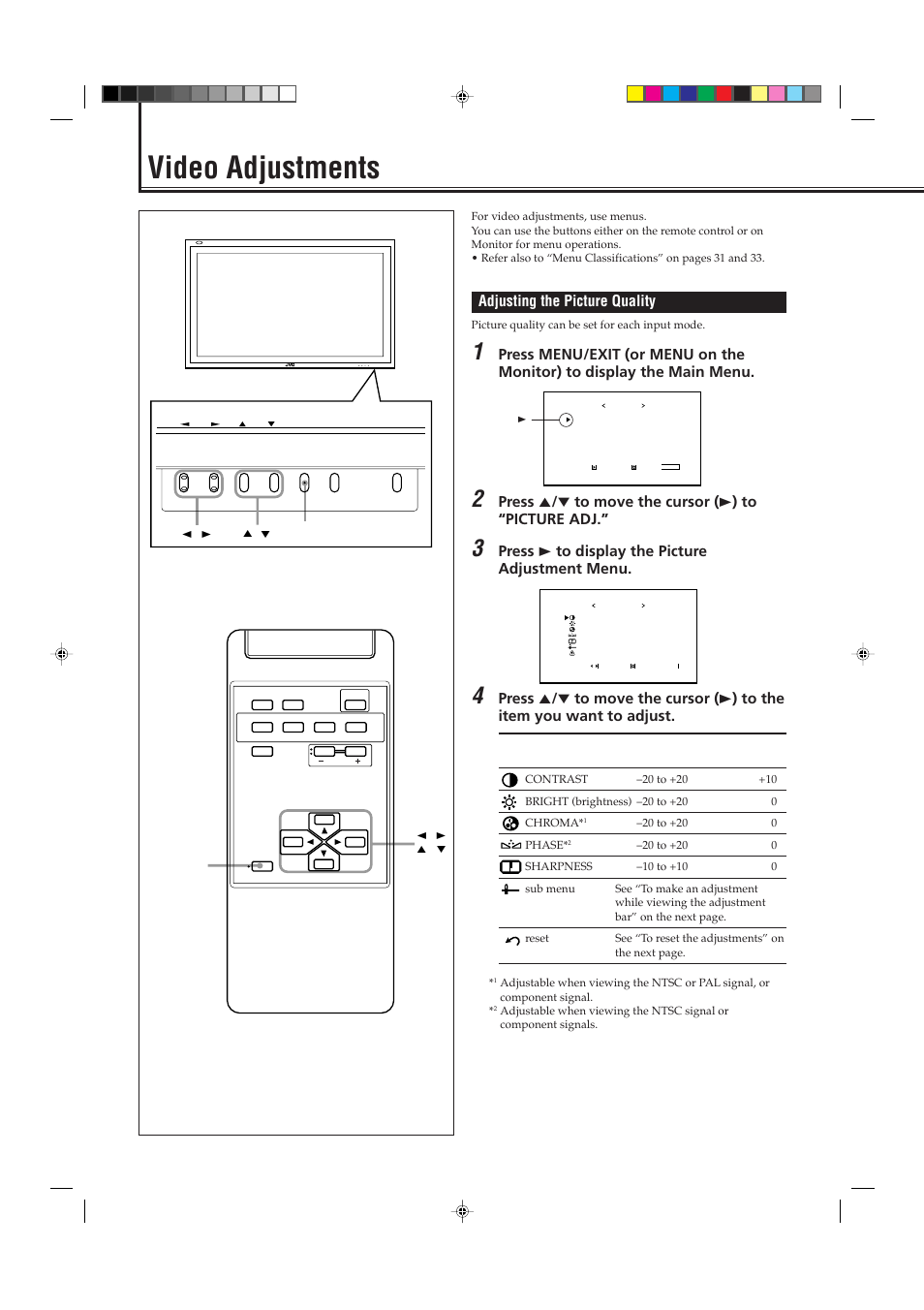 Video adjustments, Adjusting the picture quality, Press 3 to display the picture adjustment menu | Menu input power | JVC GM P420UG User Manual | Page 18 / 40
