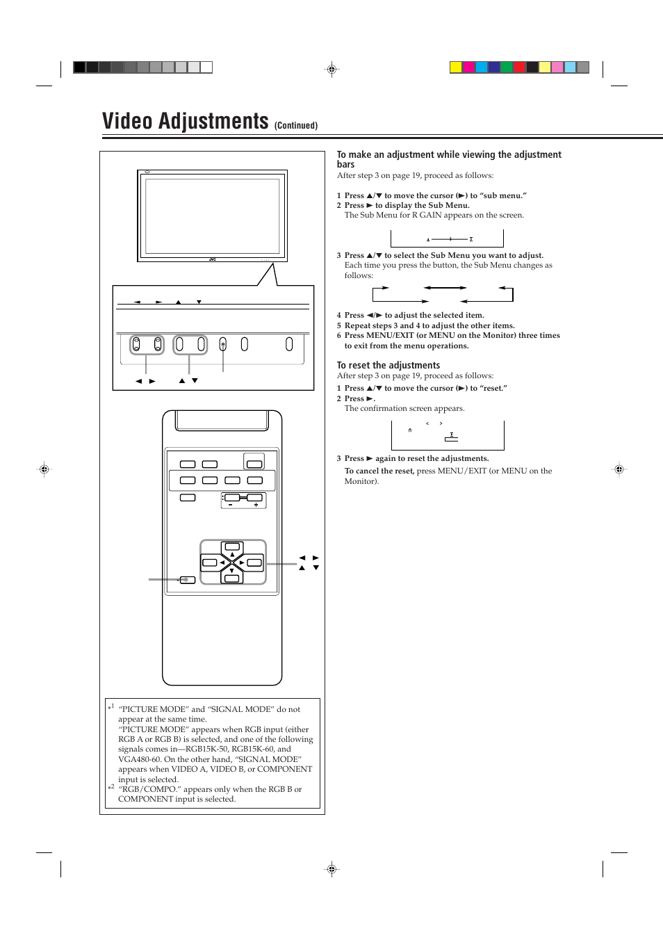 Video adjustments, Menu input power | JVC GM P420UG User Manual | Page 22 / 40