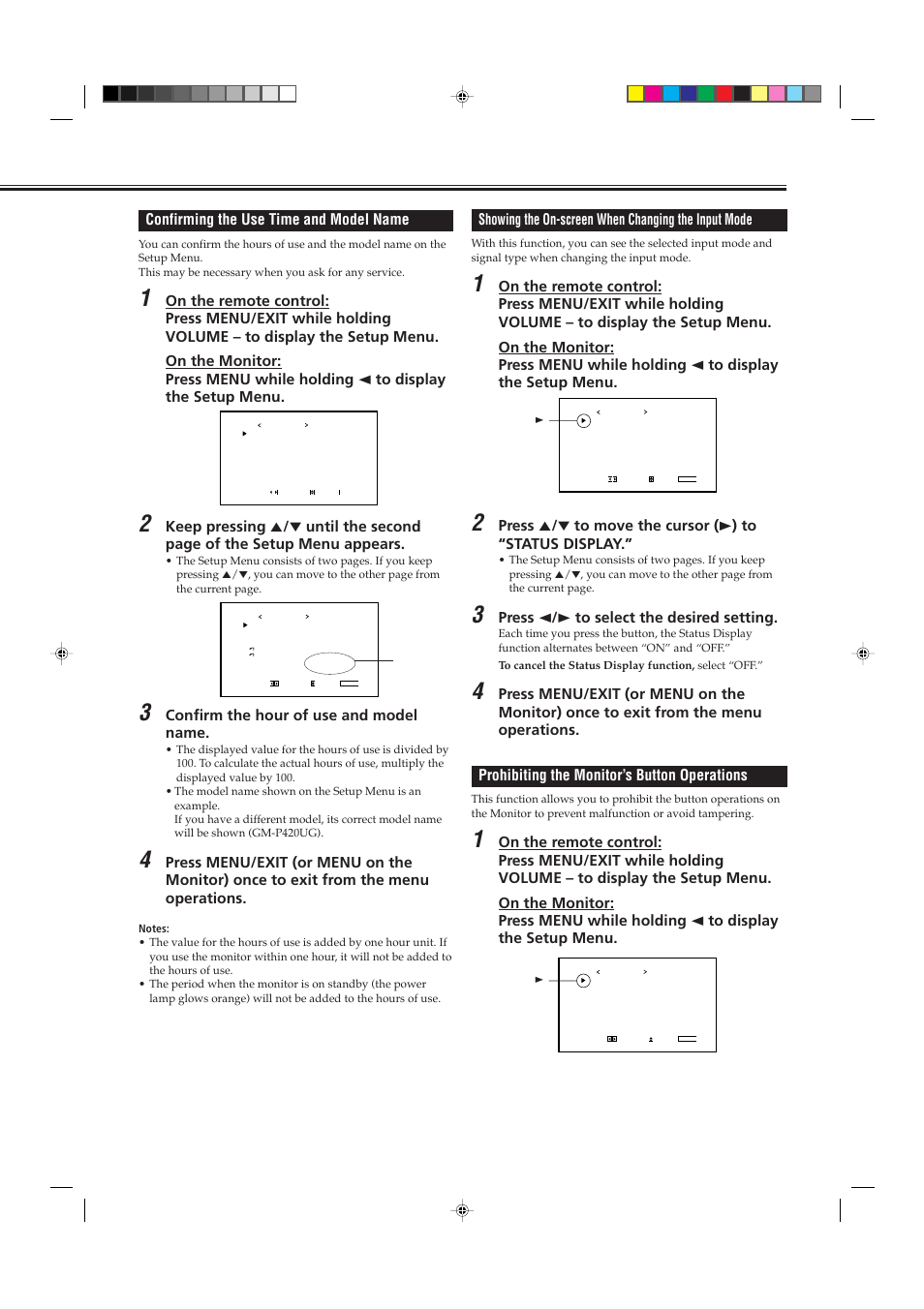 Confirming the use time and model name, Confirm the hour of use and model name, Showing the on-screen when changing the input mode | Press 2 / 3 to select the desired setting | JVC GM P420UG User Manual | Page 27 / 40