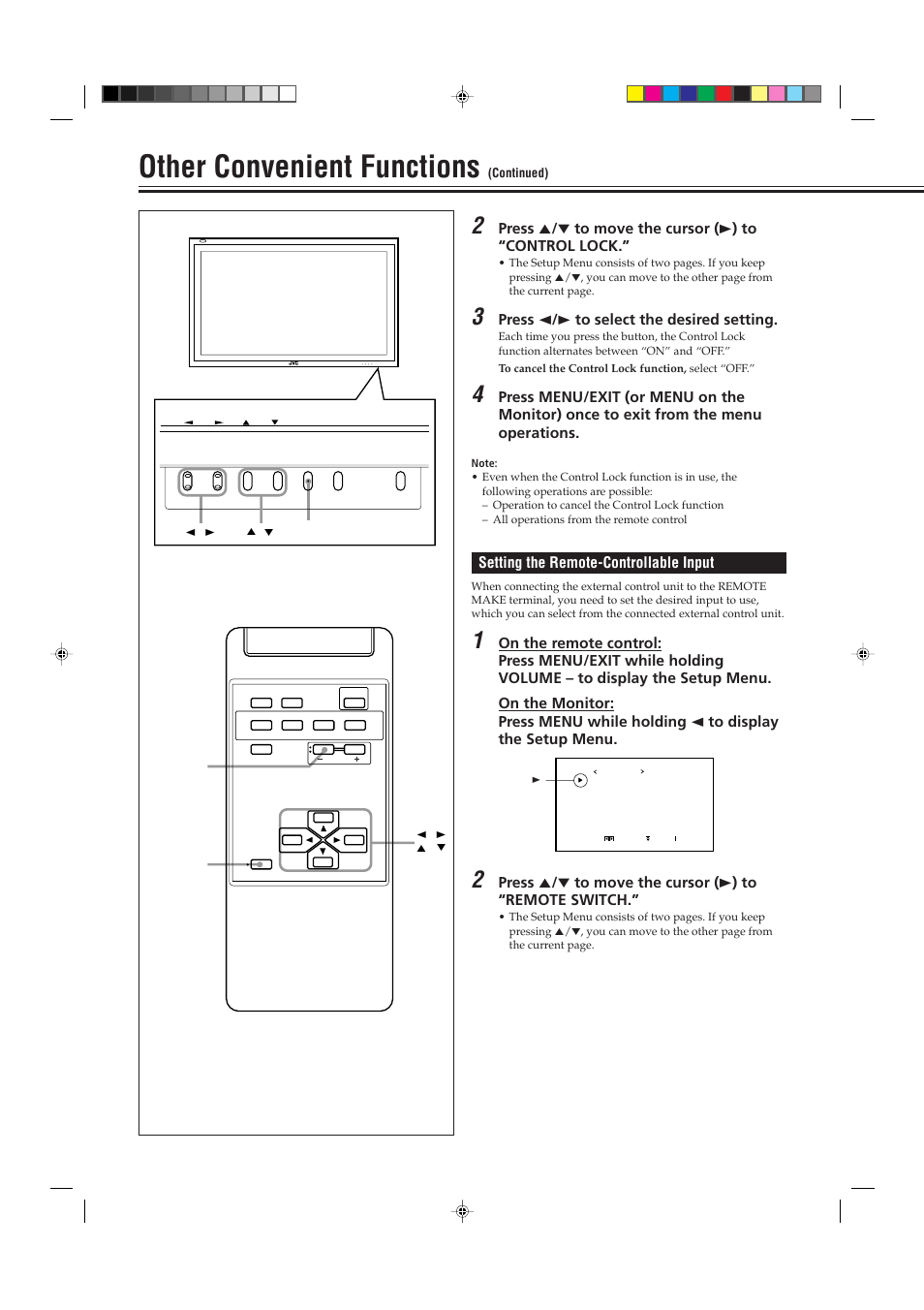 Other convenient functions, Press 2 / 3 to select the desired setting, Setting the remote-controllable input | JVC GM P420UG User Manual | Page 28 / 40